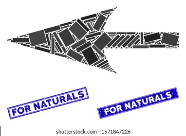 Mosaic sharp left arrow icon and rectangular For Naturals stamps. Flat vector sharp left arrow mosaic icon of random rotated rectangular elements. Blue For Naturals seals with distress surface.
