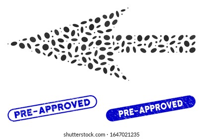 Mosaic sharp left arrow and rubber stamp seals with Pre-Approved phrase. Mosaic vector sharp left arrow is formed with random ellipse dots. Pre-Approved stamp seals use blue color,