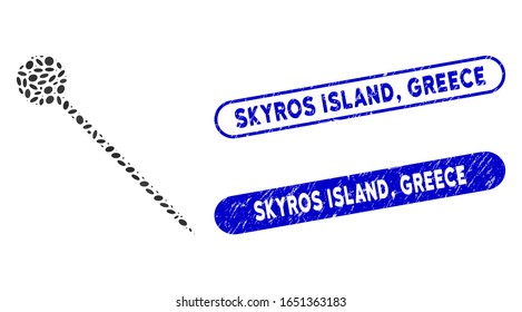 Mosaic sharp pin and corroded stamp seals with Skyros Island, Greece text. Mosaic vector sharp pin is designed with randomized oval elements. Skyros Island, Greece stamp seals use blue color,