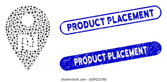 Mosaic shekel map marker and grunge stamp seals with Product Placement caption. Mosaic vector shekel map marker is composed with scattered ellipse elements.