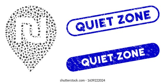 Mosaic shekel map marker and rubber stamp seals with Quiet Zone text. Mosaic vector shekel map marker is designed with random elliptic dots. Quiet Zone seals use blue color,