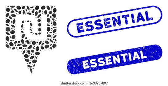 Mosaic shekel map pointer and corroded stamp watermarks with Essential text. Mosaic vector shekel map pointer is composed with scattered oval pieces. Essential stamp seals use blue color,