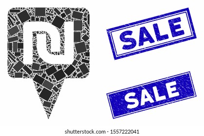 Mosaic shekel map pointer icon and rectangle rubber prints. Flat vector shekel map pointer mosaic icon of random rotated rectangle elements. Blue caption rubber stamps with rubber textures.