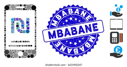 Mosaic shekel mobile payment icon and rubber stamp seal with Mbabane phrase. Mosaic vector is designed with shekel mobile payment pictogram and with scattered spheric items.