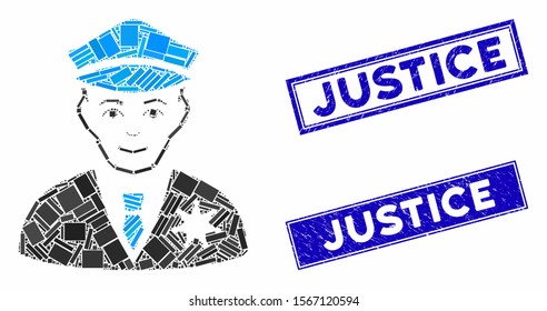 Mosaic sheriff icon and rectangular seal stamps. Flat vector sheriff mosaic icon of randomized rotated rectangle items. Blue caption seal stamps with grunge texture.