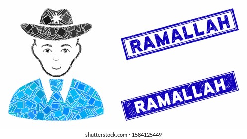 Mosaic sheriff pictogram and rectangle Ramallah seal stamps. Flat vector sheriff mosaic pictogram of random rotated rectangle items. Blue Ramallah stamps with dirty texture.
