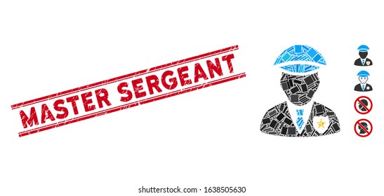 Mosaic sheriff pictogram and red Master Sergeant seal stamp between double parallel lines. Flat vector sheriff mosaic pictogram of random rotated rectangular elements.