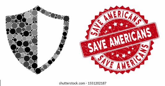 Mosaic shield and distressed stamp seal with Save Americans text. Mosaic vector is created with shield icon and with randomized spheric spots. Save Americans stamp uses red color,