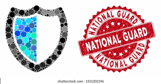Mosaic shield and distressed stamp seal with National Guard text. Mosaic vector is formed with shield icon and with randomized circle spots. National Guard stamp seal uses red color,