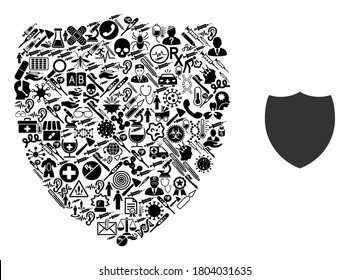 Mosaic shield of healthcare icons and basic icon. Mosaic vector shield is created of healthcare icons. Abstract illustrations elements for clinic wallpapers. Illustration is based on shield pictogram.