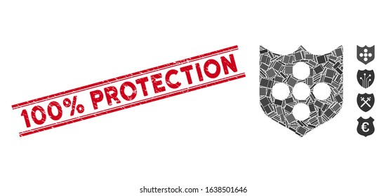 Mosaic shield icon and red 100% Protection seal stamp between double parallel lines. Flat vector shield mosaic icon of randomized rotated rectangular items.