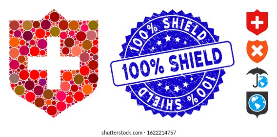 Mosaic shield icon and rubber stamp seal with 100% Shield caption. Mosaic vector is designed from shield icon and with scattered round items. 100% Shield stamp seal uses blue color,