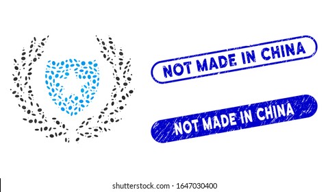 Mosaic shield laurel wreath and corroded stamp seals with Not Made in China caption. Mosaic vector shield laurel wreath is formed with randomized elliptic elements.