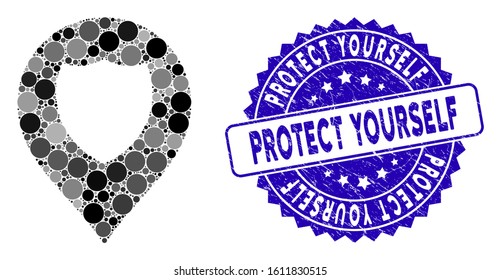 Mosaic shield marker icon and distressed stamp watermark with Protect Yourself text. Mosaic vector is composed with shield marker icon and with scattered spheric items.