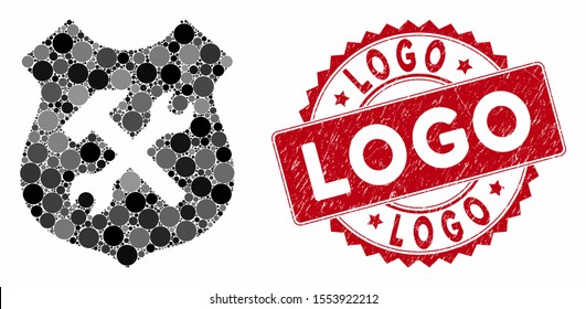 Mosaic shield options and corroded stamp seal with Logo text. Mosaic vector is created with shield options icon and with randomized circle spots. Logo stamp seal uses red color, and distress surface.