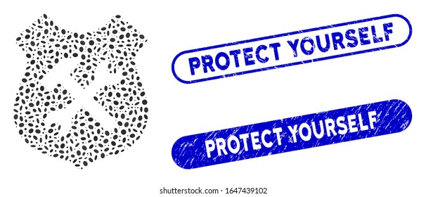 Mosaic shield options and distressed stamp seals with Protect Yourself text. Mosaic vector shield options is designed with scattered ellipse spots. Protect Yourself seals use blue color,