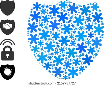 Mosaic shield pictogram is designed for winter, New Year, Christmas. Shield icon mosaic is designed of light blue snow items. Some similar icons are added.