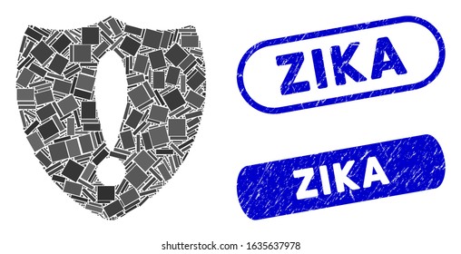 Mosaic shield problem and distressed stamp seals with Zika text. Mosaic vector shield problem is created with randomized rectangle items. Zika seals use blue color, and have round rectangle shape.