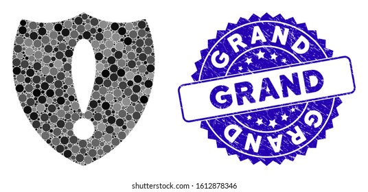 Mosaic shield problem icon and distressed stamp seal with Grand phrase. Mosaic vector is designed with shield problem icon and with random circle items. Grand stamp seal uses blue color,
