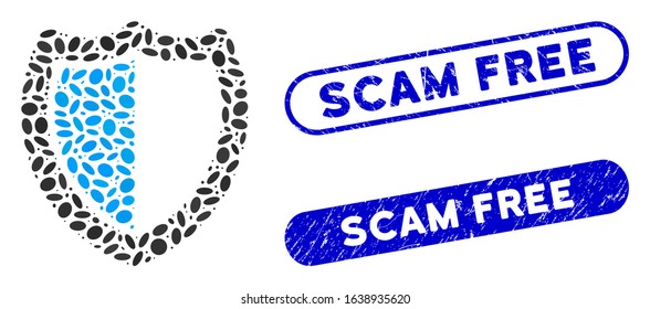 Mosaic shield and rubber stamp seals with Scam Free phrase. Mosaic vector shield is designed with random oval parts. Scam Free stamp seals use blue color, and have round rectangle shape.
