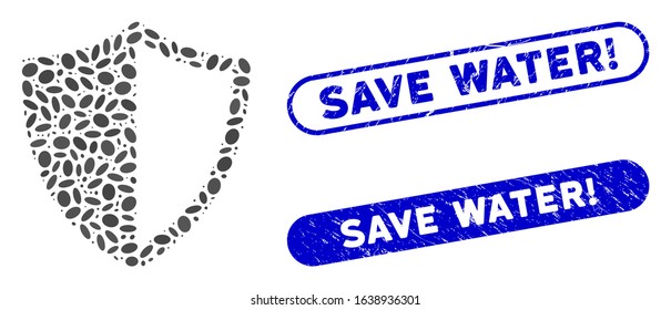 Mosaic shield and rubber stamp seals with Save Water! text. Mosaic vector shield is formed with randomized elliptic spots. Save Water! stamp seals use blue color, and have round rectangle shape.