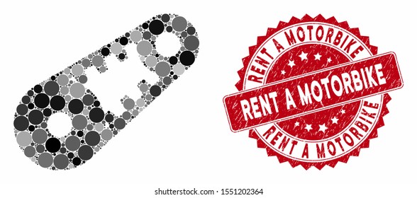 Mosaic shiftless transmission and distressed stamp seal with Rent a Motorbike phrase. Mosaic vector is formed with shiftless transmission icon and with random round spots.