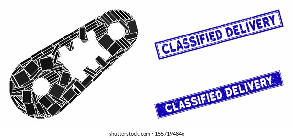 Mosaic shiftless transmission pictogram and rectangle seal stamps. Flat vector shiftless transmission mosaic pictogram of random rotated rectangle items. Blue caption seal stamps with grunged texture.