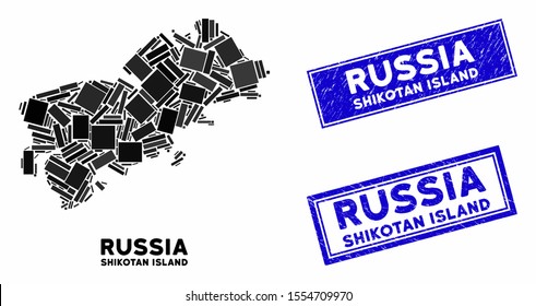 Mosaic Shikotan Island map and rectangular stamps. Flat vector Shikotan Island map mosaic of randomized rotated rectangle items. Blue caption rubber stamps with rubber textures.
