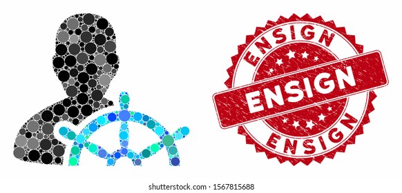 Mosaic ship captain and corroded stamp seal with Ensign text. Mosaic vector is designed with ship captain icon and with scattered spheric elements. Ensign stamp seal uses red color,