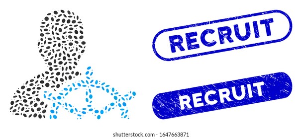 Mosaic ship captain and grunge stamp seals with Recruit text. Mosaic vector ship captain is formed with randomized ellipse pieces. Recruit stamp seals use blue color, and have round rectangle shape.