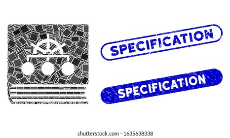 Mosaic ship guide book and distressed stamp seals with Specification text. Mosaic vector ship guide book is formed with randomized rectangles. Specification stamp seals use blue color,