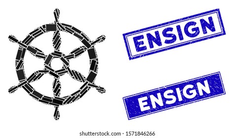 Mosaic ship wheel icon and rectangle Ensign seal stamps. Flat vector ship wheel mosaic icon of scattered rotated rectangle items. Blue Ensign rubber stamps with rubber texture.