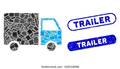 Mosaic shipment van and rubber stamp seals with Trailer phrase. Mosaic vector shipment van is designed with randomized rectangle items. Trailer stamp seals use blue color,