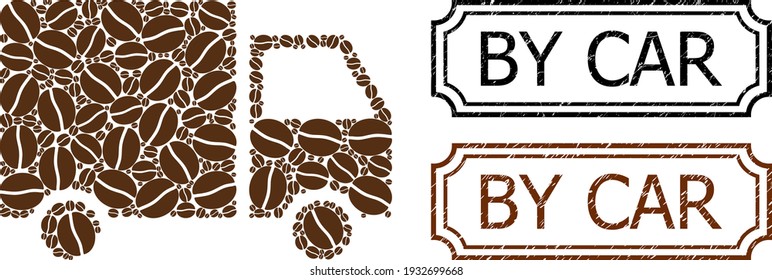 Mosaic shipment van united from coffee grain, and grunge By Car rectangle seals with notches. Vector coffee elements are arranged into abstract mosaic shipment van icon with brown color.