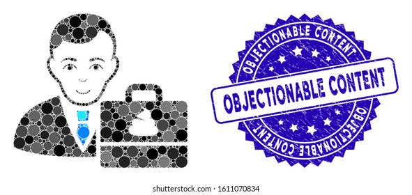 Mosaic shit accounter icon and corroded stamp seal with Objectionable Content text. Mosaic vector is designed with shit accounter icon and with scattered round elements.