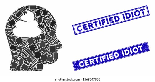 Mosaic shit brain icon and rectangle rubber prints. Flat vector shit brain mosaic pictogram of randomized rotated rectangle elements. Blue caption rubber seals with distress texture.