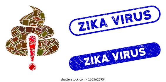 Mosaic shit caution and distressed stamp seals with Zika Virus text. Mosaic vector shit caution is created with scattered rectangles. Zika Virus stamp seals use blue color,