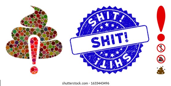 Mosaic shit caution icon and rubber stamp seal with Shit! phrase. Mosaic vector is formed with shit caution pictogram and with randomized round spots. Shit! stamp seal uses blue color,