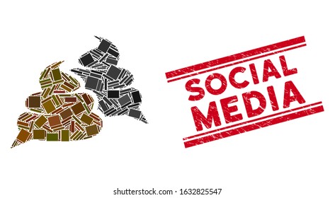 Mosaic shit chat icon and red Social Media stamp between double parallel lines. Flat vector shit chat mosaic icon of scattered rotated rectangle items.