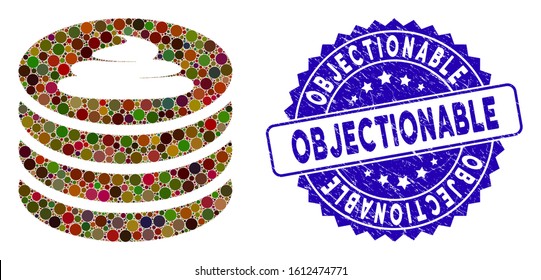 Mosaic shit coin stack icon and corroded stamp seal with Objectionable phrase. Mosaic vector is composed with shit coin stack icon and with random spheric elements.