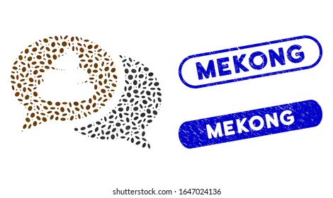 Foro de basura mosaico y sellos corroídos con texto de Mekong. El foro de mierda vectorial mosaico se forma con puntos ovales dispersos. Los sellos de sello de Mekong tienen color azul y forma rectangular redonda.