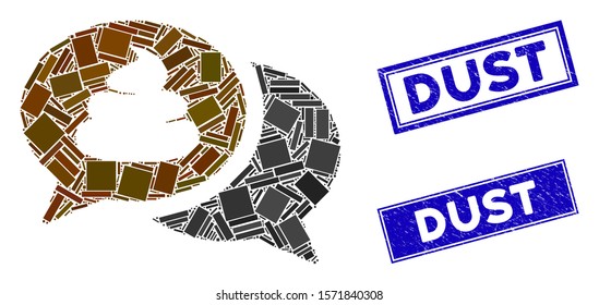 Mosaic shit forum pictogram and rectangle Dust rubber prints. Flat vector shit forum mosaic pictogram of random rotated rectangle items. Blue Dust rubber seals with rubber texture.