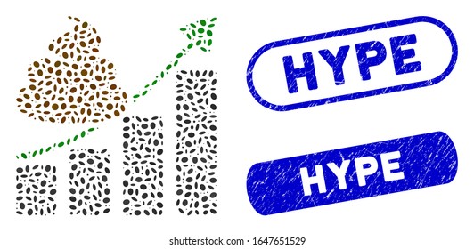 Mosaic shit growing chart and distressed stamp watermarks with Hype text. Mosaic vector shit growing chart is created with randomized ellipse dots. Hype stamp seals use blue color,