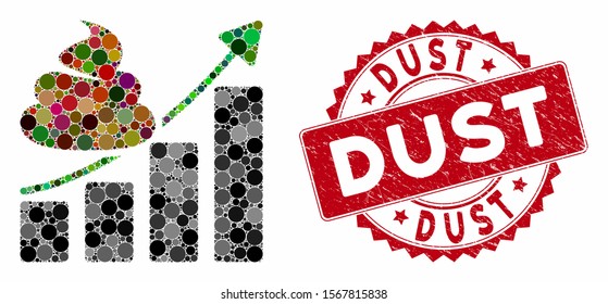 Mosaic shit growing chart and rubber stamp seal with Dust text. Mosaic vector is designed with shit growing chart icon and with random round spots. Dust stamp seal uses red color, and grunge texture.
