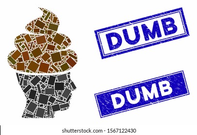 Mosaic shit guy pictogram and rectangular seal stamps. Flat vector shit guy mosaic pictogram of randomized rotated rectangle elements. Blue caption stamps with scratched surface.