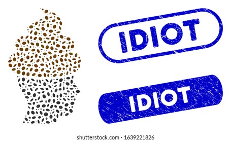 Mosaic shit guy and rubber stamp seals with Idiot caption. Mosaic vector shit guy is formed with randomized elliptic pieces. Idiot stamp seals use blue color, and have round rectangle shape.