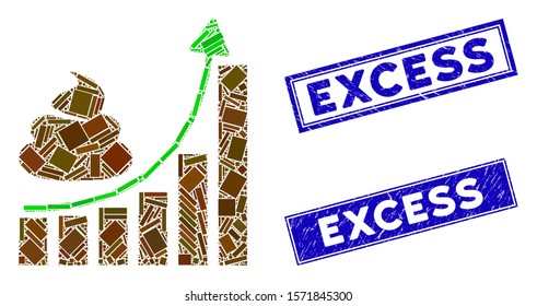 Mosaic shit hyip chart icon and rectangle Excess seals. Flat vector shit hyip chart mosaic icon of random rotated rectangle elements. Blue Excess watermarks with distress surface.