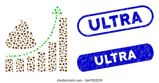 Mosaic shit hyip chart and rubber stamp seals with Ultra text. Mosaic vector shit hyip chart is created with randomized oval pieces. Ultra stamp seals use blue color, and have round rectangle shape.