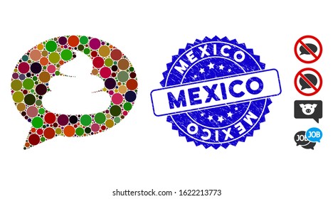 Mosaic shit idea balloon icon and grunge stamp watermark with Mexico text. Mosaic vector is designed with shit idea balloon icon and with scattered circle spots. Mexico stamp seal uses blue color,