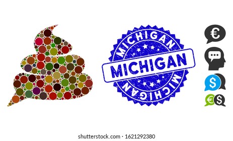 Mosaic shit idea cloud icon and corroded stamp watermark with Michigan phrase. Mosaic vector is designed with shit idea cloud icon and with random spheric elements.